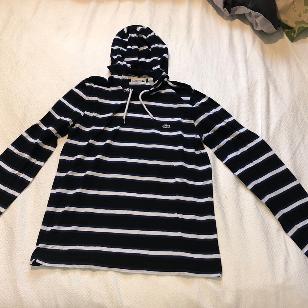 Lacoste Hooded Long Sleeve Striped T-Shirt w/ engraved aglets & vented bottom